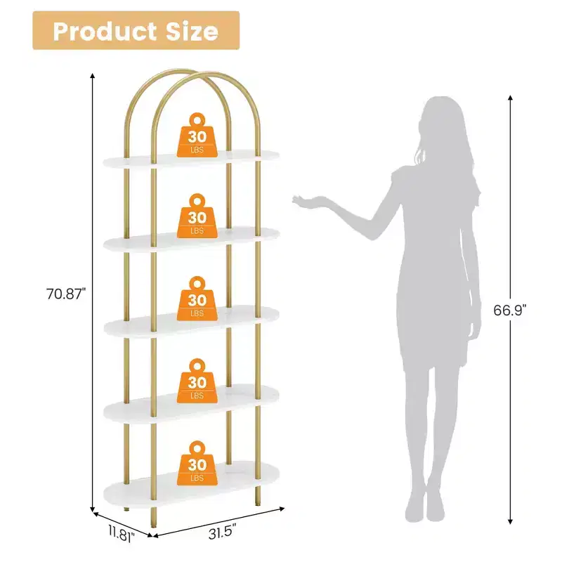 Bookshelf for Living Room - 71 Arched 6-Tier Bookcase with Metal Frame, Freestanding Storage Shelf for Bedroom, Office