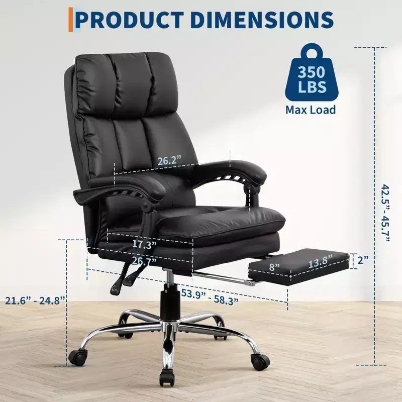 High-Back Executive Office ChairCBlack PU Leather Desk Chair with Footrest, 360 Swivel & Ergonomic SupportCComfortable Home Computer/Gaming Chair