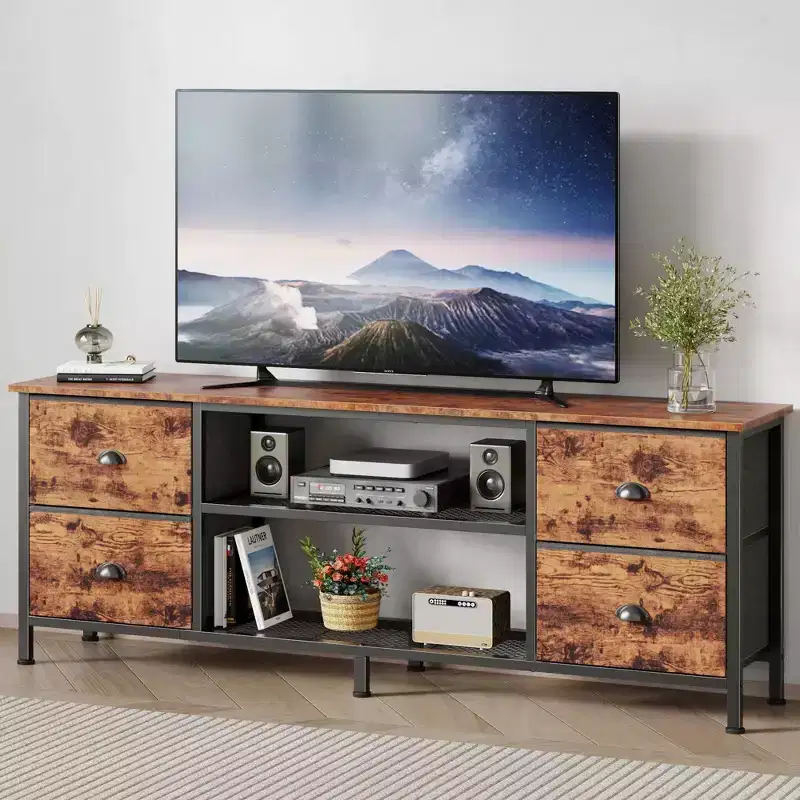 63 Inch Brown TV Stand for TVs up to 70 Inch Media Console Entertainment Center 4 Drawers Open Shelves