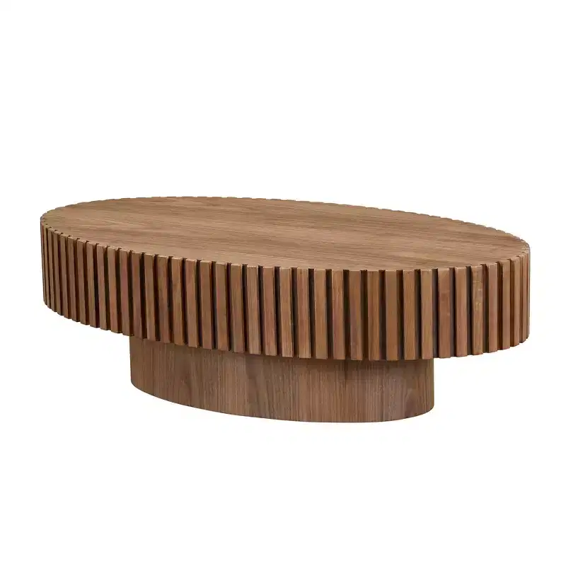 Oval Drum Coffee Table, Modern Pedestal Center Table for Living Room, Walnut