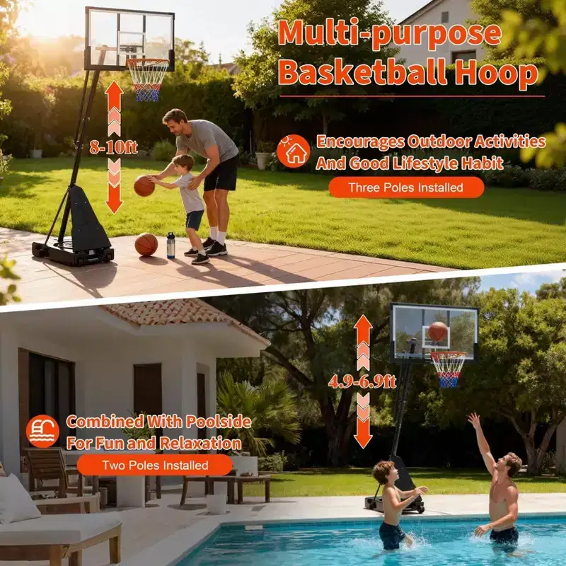 Basketball Hoop Outdoor Shatterproof PC Backboard, 4.92-10FT Stepless Adjustable Height, Portable Basketball Hoop with Wheels for Backyard
