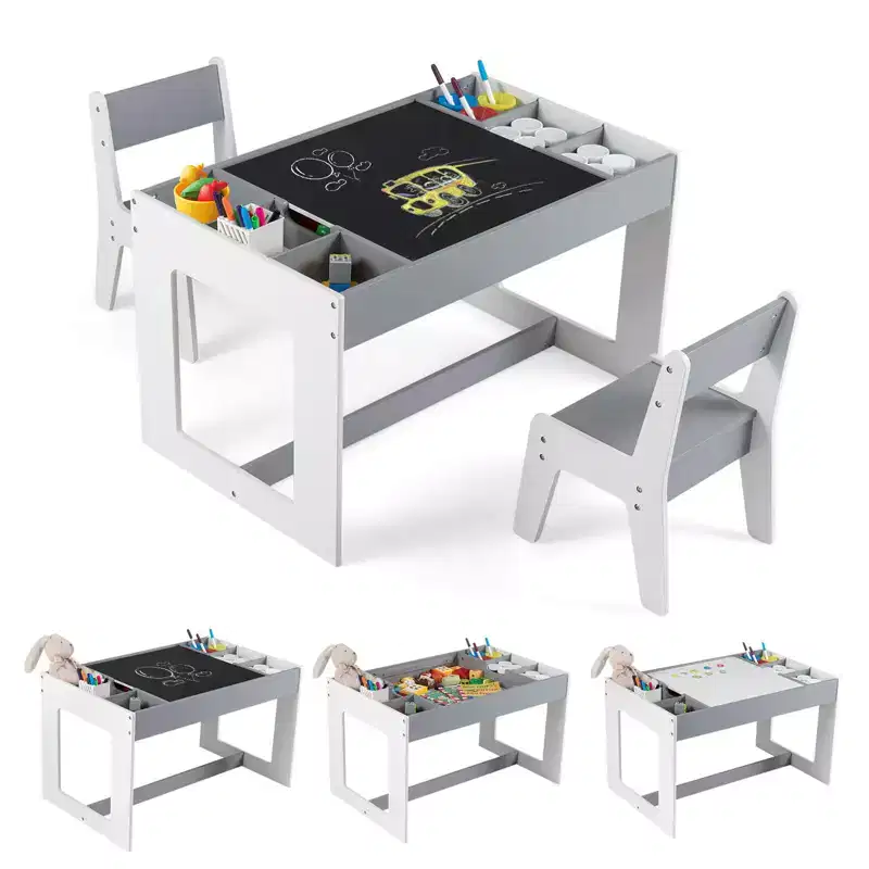 Costway Multifunctional Kids Table & 2 Chairs Set with Removable Double-sized Tabletop Gray + White/Natural + White
