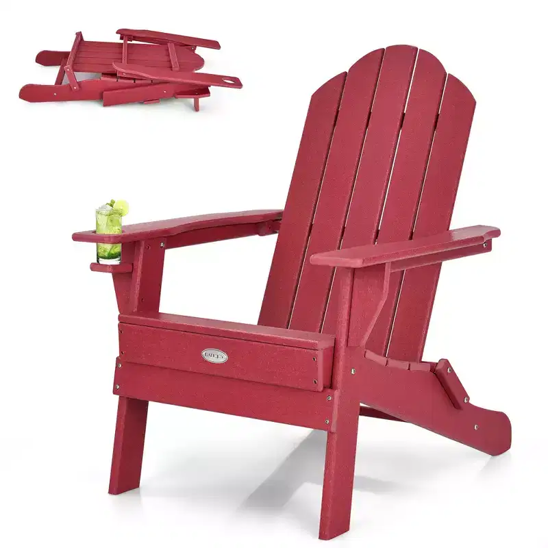 Costway Folding Patio Adirondack Chair Weather Resistant Cup Holder Yard Red