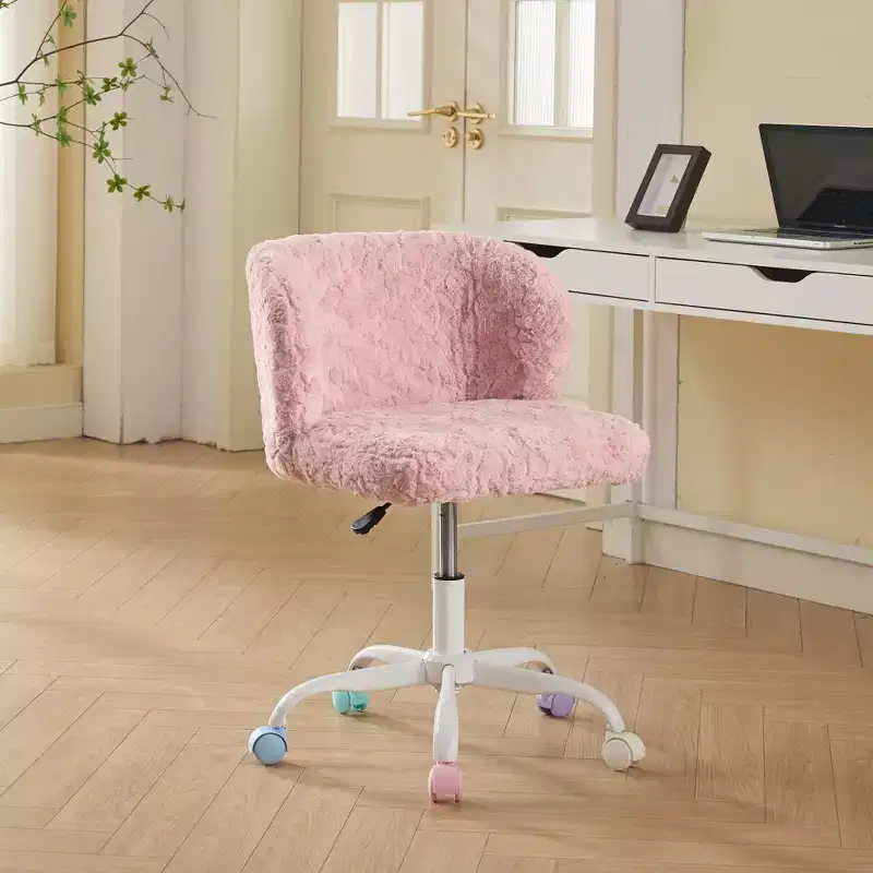 Artificial Rabbit Hair Office Chair - Metal Base, Adjustable Swivel, Vanity Chair, Violet