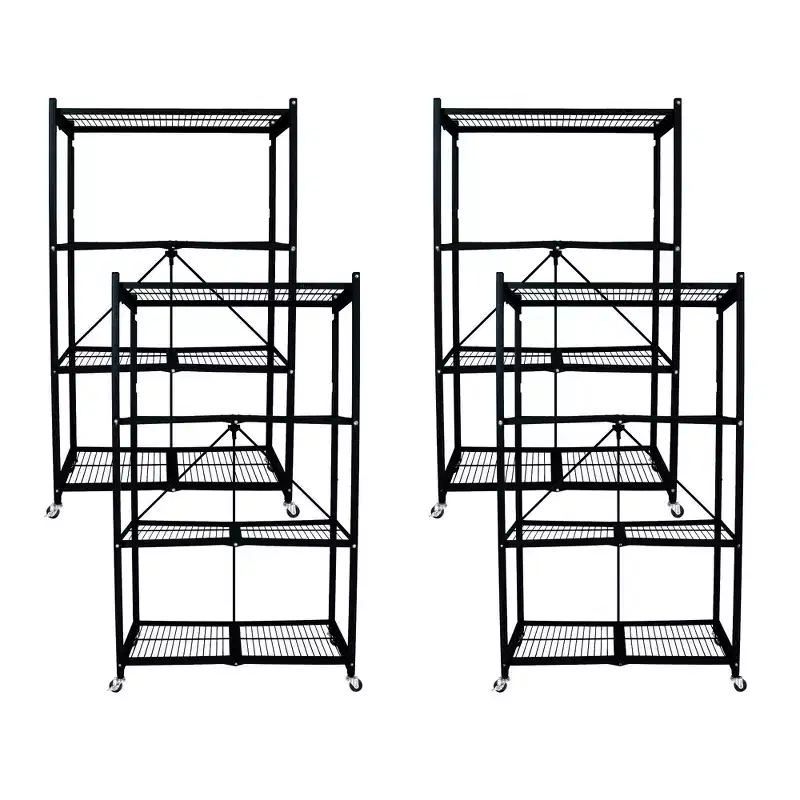 4 Tier Multipurpose Folding Storage Unit Rolling Organization Rack Bundled with Set of 4 Magnetic Wire Shelf Waterproof Liners, Gray