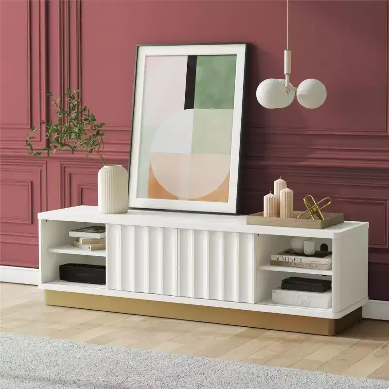 GDFStudio Hilton Modern Scalloped TV Stand for TVs up to 65 with Gold Base and Sliding Doors