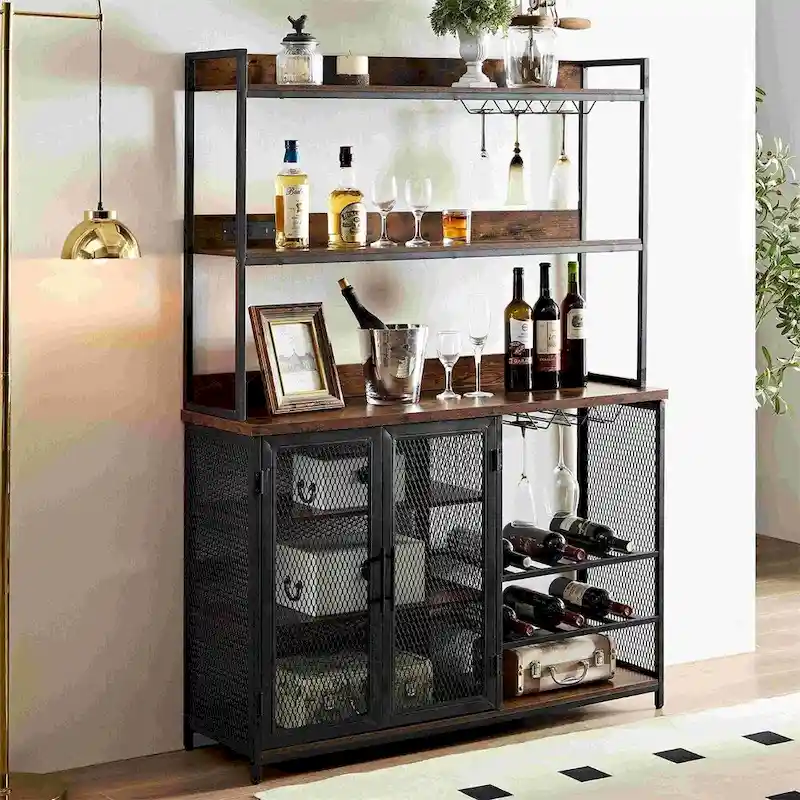 Brown Industrial 3-Tier Coffee Bar Cabinet with LED Strip and Power Outlet