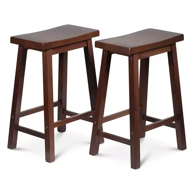 Classic Saddle-Seat 24 Tall Kitchen Counter Stools for Homes, Dining Spaces, and Bars w/ Backless Seats, 4 Square Legs, Walnut ( )