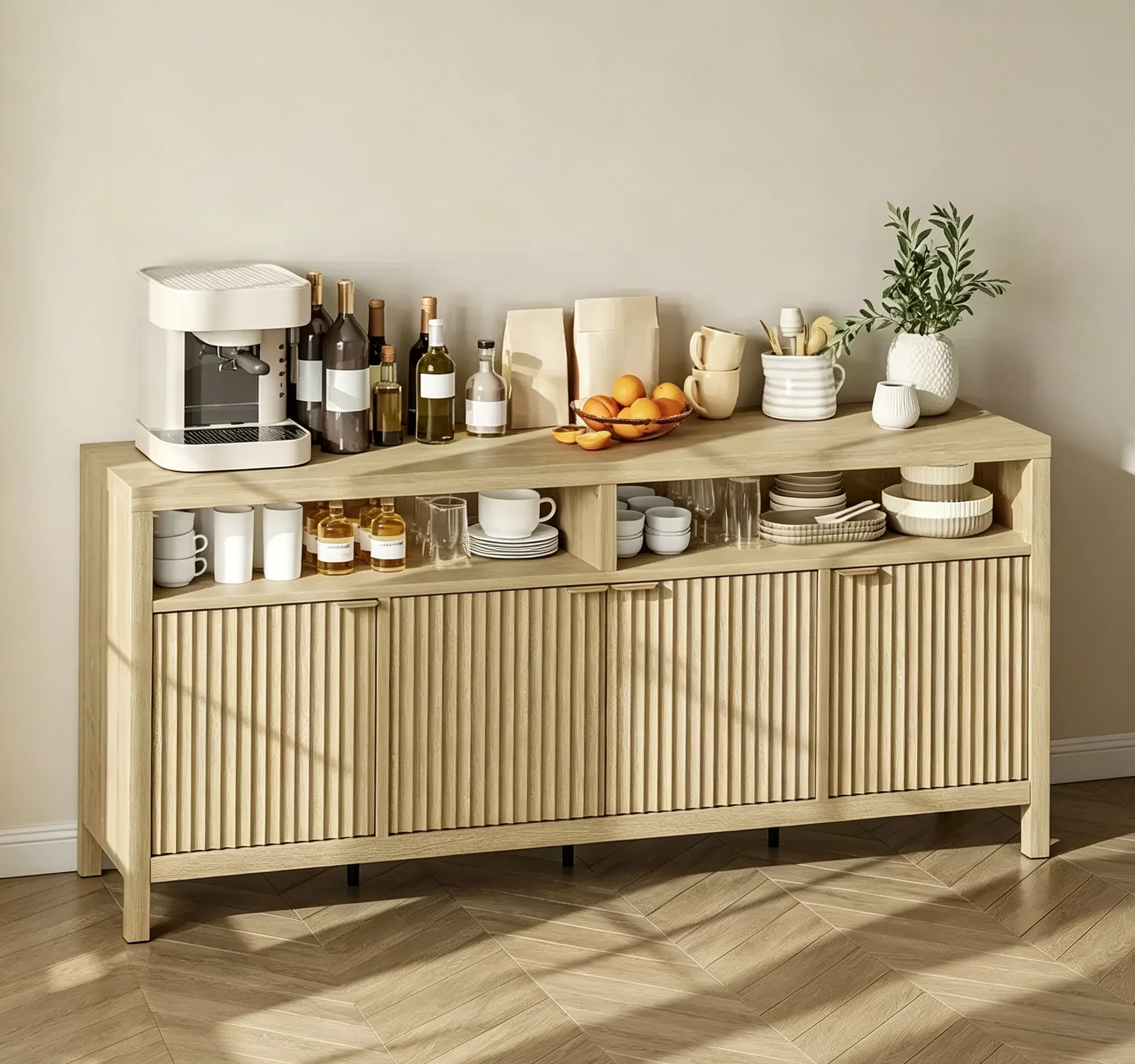 65.8 Inch Fluted Sideboard Buffet Cabinet with 4 Doors, Morden Kitchen Storage Cabinet for Dining Room, Living Room, Entryway
