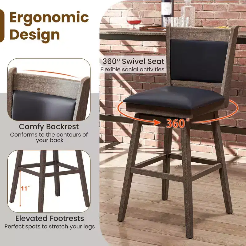 29 Swivel Bar Stools Set of 2 with Back Rubber Wood Legs Sturdy Footrest
