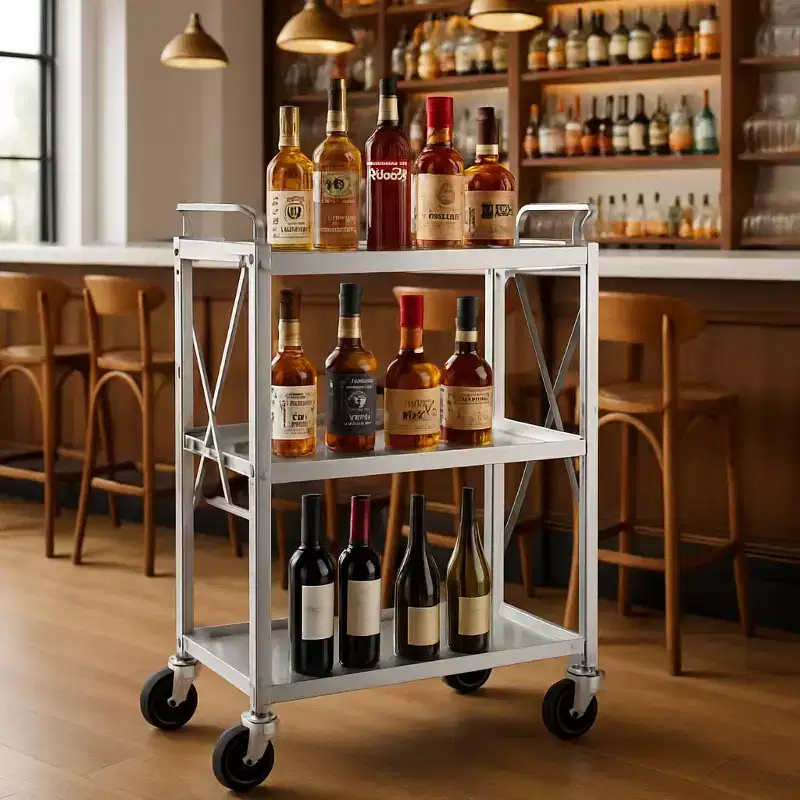 GustoWave 3 Tier Rolling Utility Collapsible Service Cart for Home Restaurants Bars Offices, Silver