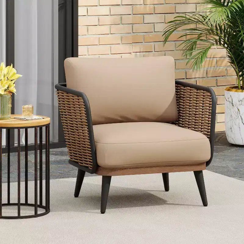 Christopher Knight Home Bonita Patio Rustic Iron and Rattan Club Chair with Cushions, Beige