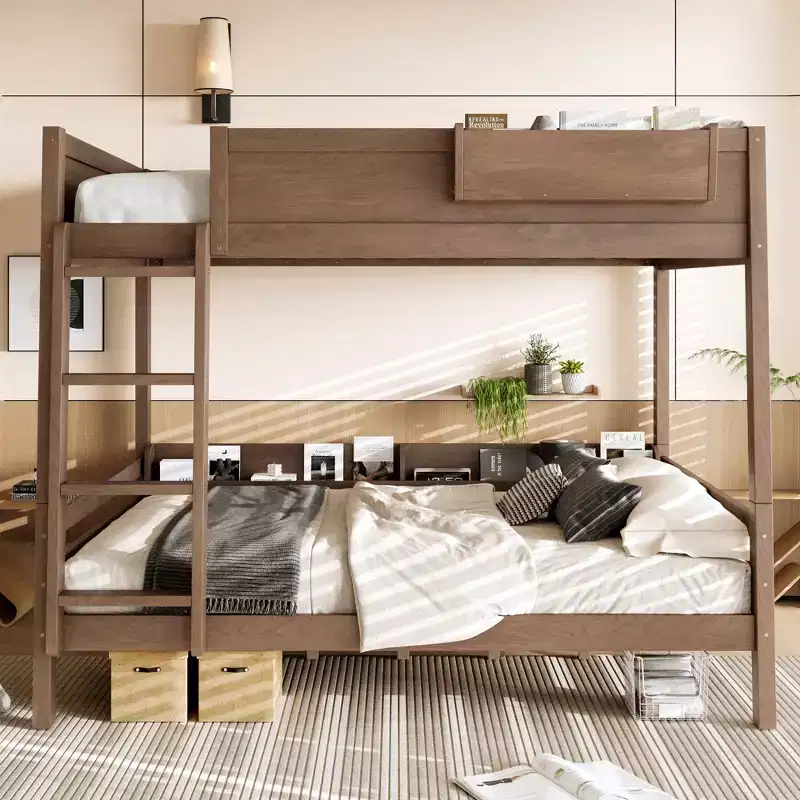 Queen Over Queen Bunk Bed with Bookshelf Storage, Ladder & Guardrails