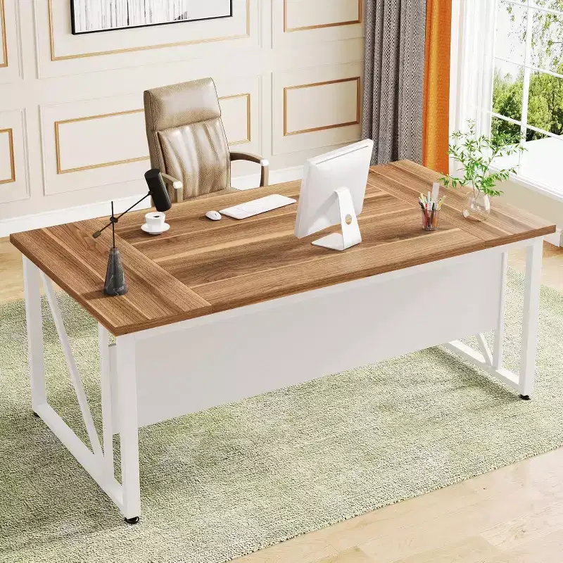 63-Inch Computer Desk with Bottom Storage Shelf & Metal Panel – Beige, Steel Legs