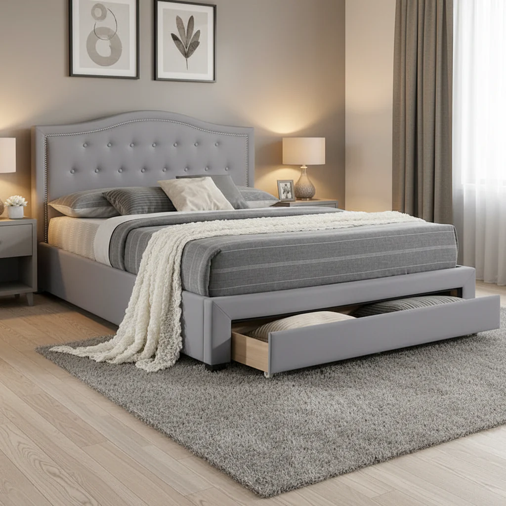 Fully upholstered king-size bed with an under-bed drawer