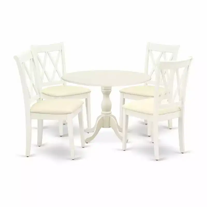 HomeStock 5-Piece Linen White Finish Solid Wood Top Dining table with 4 Chairs with Drop Leaf Lattice Back