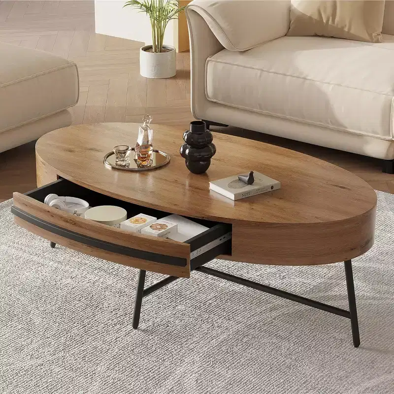 Oval Coffee Table with Drawer Mid-Century Modern Center Table 47.2 Wooden Coffee Table with Storage and Cross Metal Legs Curved Design