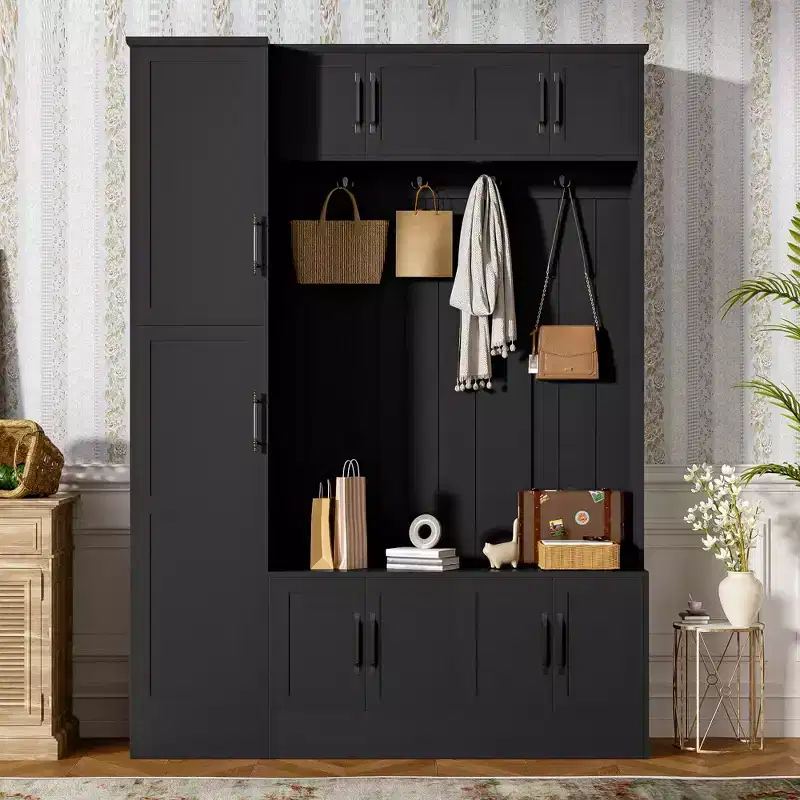 Modern Hall Tree with 6 Cabinets and 4 Coat Hooks, Coat Rack with Shoe Storage Bench and Adjustable Shelf for Hallway, Living Room, Black