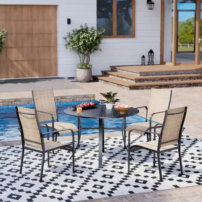 EROMMY 5 Piece Patio Dining Set, Outdoor Dining Table And Chairs Set For 4, 4 Textilene Chairs, 1 Iron Round Table With Adjustable Umbrella Hole