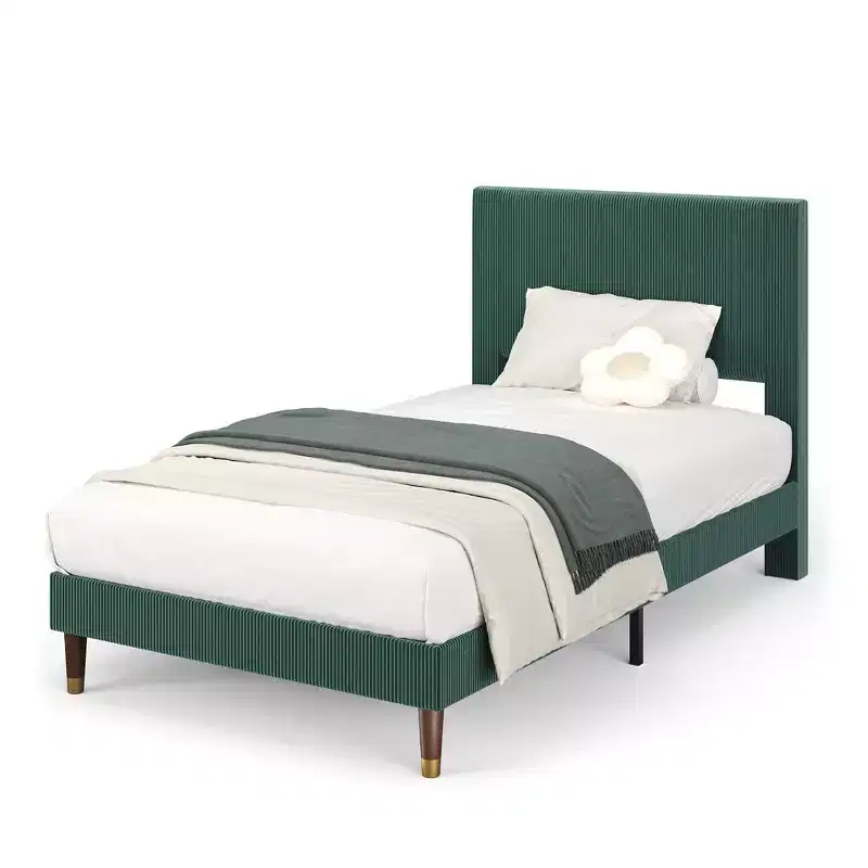 Modern Corduroy Upholstered Platform Bed Frame with Headboard  Sturdy Metal & Wooden Slats, Noise-Free, Low Profile