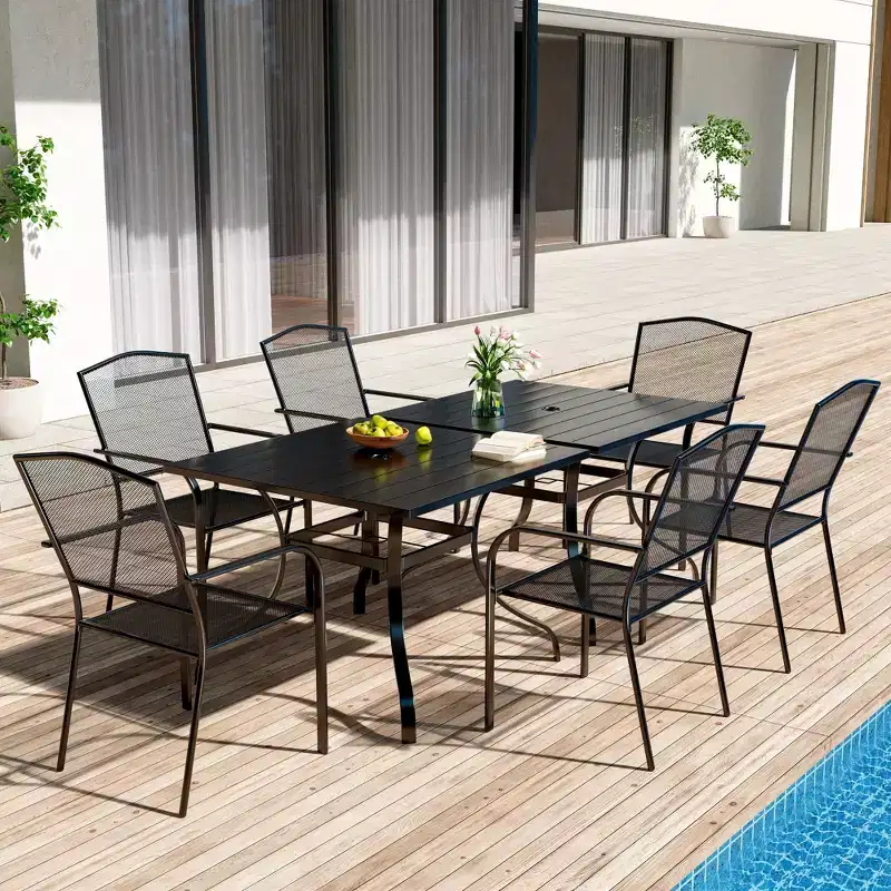 CLIHOME 8-Piece Outdoor Dining Set, 2 Square Table With Umbrella Hole & 6 Mesh Chairs Patio Set