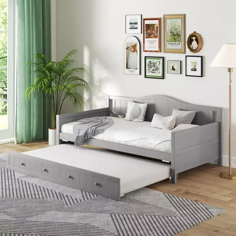 Costway Twin Size Daybed with Trundle Solid Wood Sofa Bed with Slats Support Guest Bed White/Gray