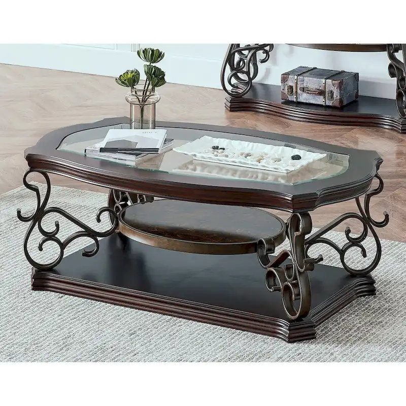 Traditional Tempered Glass Top Table Set with Coffee Table, Console Table, End Table, and Retro Metal Legs