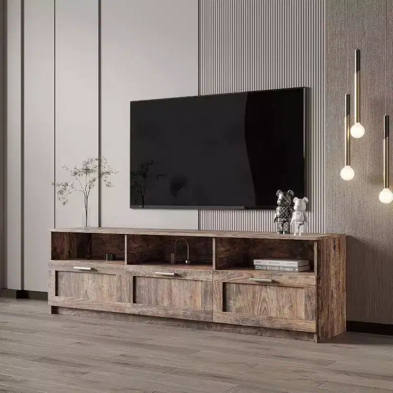 80 Inch Modern Minimalist TV Cabinet with 3 Open Storage Spaces 3 Drawers Entertainment Center for Living Room Bedroom Espresso