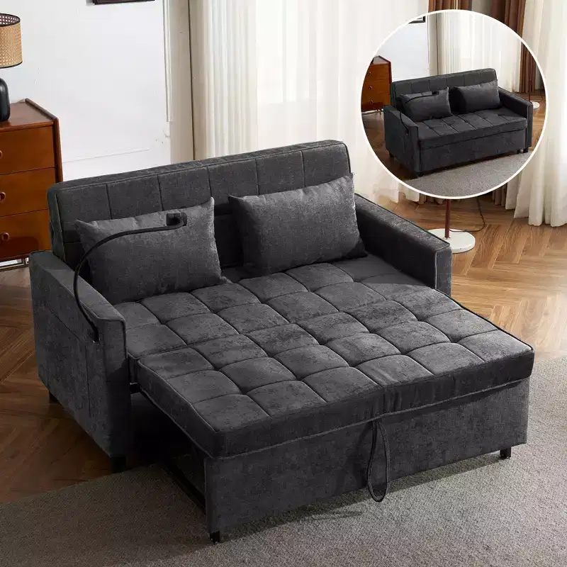 56.9 Convertible Sleeper Sofa Bed, Upholstered Pull Out Sofa with USB and Adjustable Backrest, Foldable Couch Bed for Living Room-Black