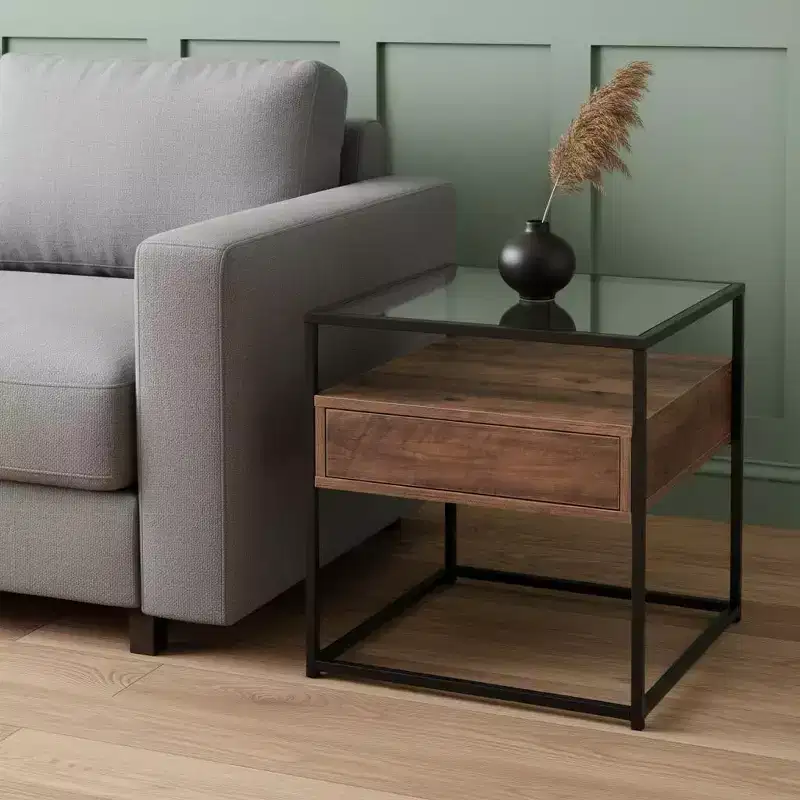 HomeRoots 22 Black Glass And Iron Square End Table With Drawer With Shelf