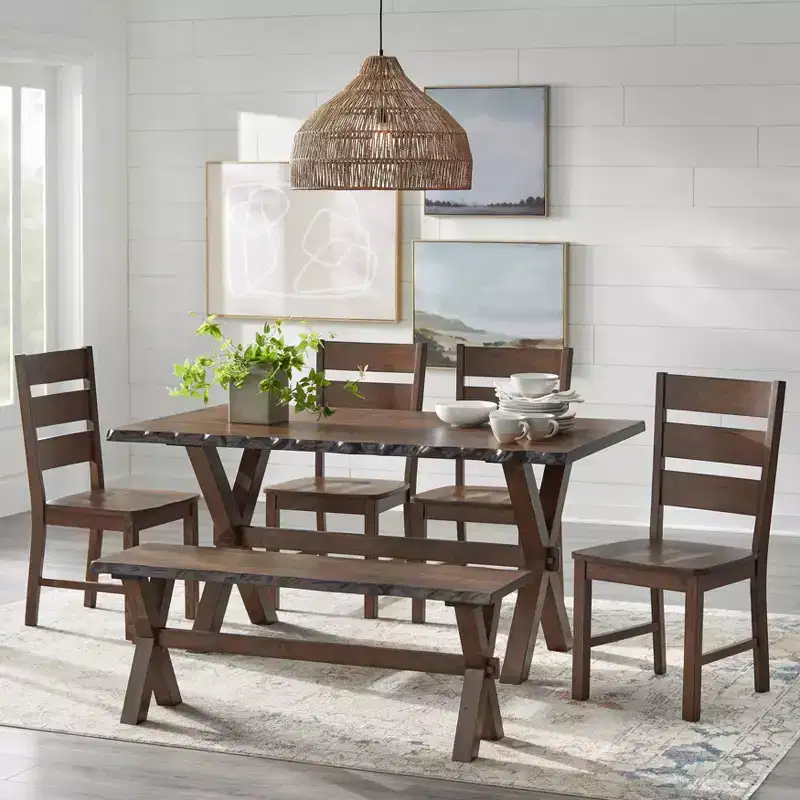 Buylateral 6Pc Mandeville Solid Wood Live Edge Dining Set with Bench Brown: Rubberwood, Ladderback Chairs
