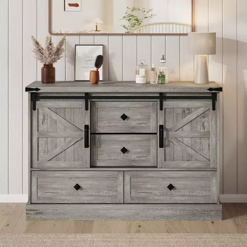 Farmhouse 4 Drawer Dresser for Bedroom, with Large Drawers & Bar Handles,Sliding Barn Doors for Closet,Living Room