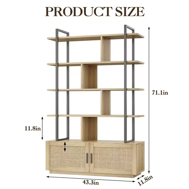 1 Set Particle Board and Metal Layered Rattan Woven Bookshelf with Storage Shelf
