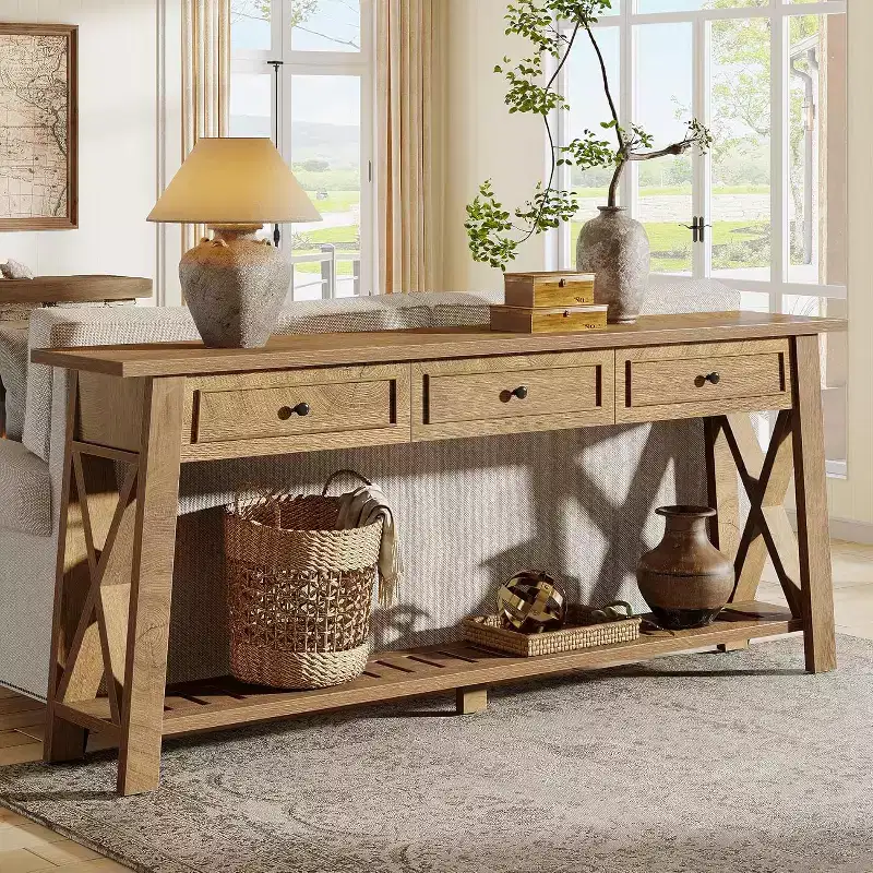 Lantine 70.87-inch Brown Farmhouse Console Table with 3 Storage Drawers and Bottom Shelf, ideal for Living Room, Entryway, Hallway, Foyer.