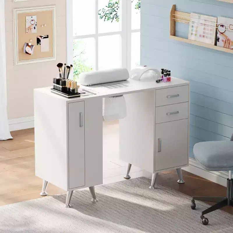 42'' Manicure Table for Nail Tech with Dust Collector and Wrist Rest, Nail Desk with Vertical Pull-Out Locker, 1 Storage Cabinet, 2 Drawers