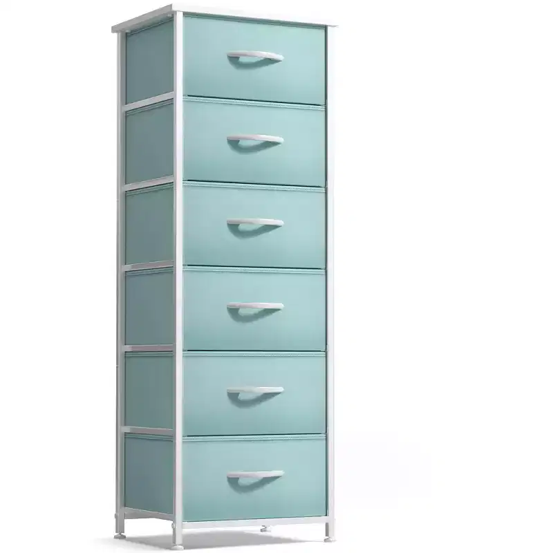 6-Drawer Fabric Bin Nightstand with Steel Frame & Wood Top – Multi-Color, Single