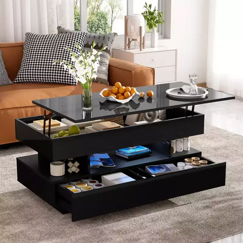 Lift-Top Coffee Table with 2 Drawers&LED, Modern Cocktail Table Sofa Side Table Storage Center Table with Hidden Compartment, White/Black - ModernLuxe