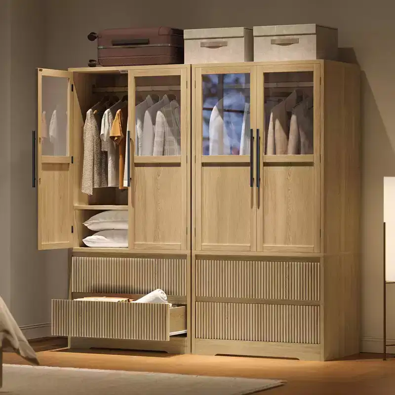 Bedroom Wooden Armoire Wardrobe Closet, Wardrobe Armoire Cabinet with 2 Drawers, Freestanding Armoire with Shelves & Hanging Rod