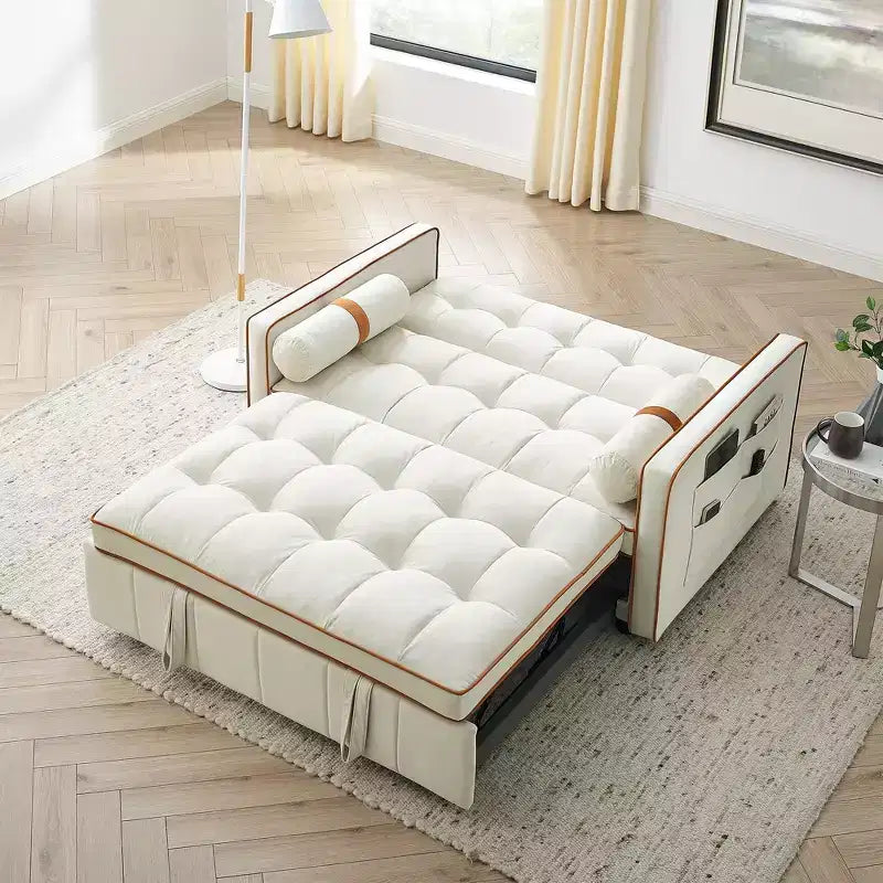 55.5 Inch Pull Out Sofa Bed, Velvet Loveseat Futon with Side Pockets, Modern Sleeper Couch for Small Spaces Living Room Bedroom