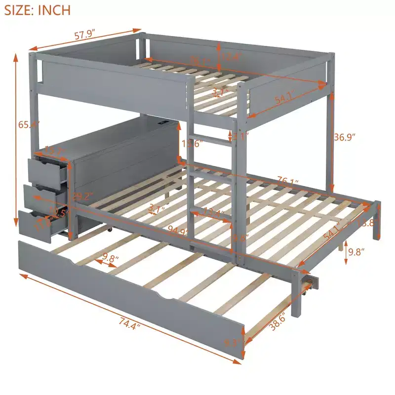 Full over Full Bunk Bed with Trundle and Desk, Solid Wood Bunk Bed Frame with Storage Drawers and shelves for Kids Adults Bedroom
