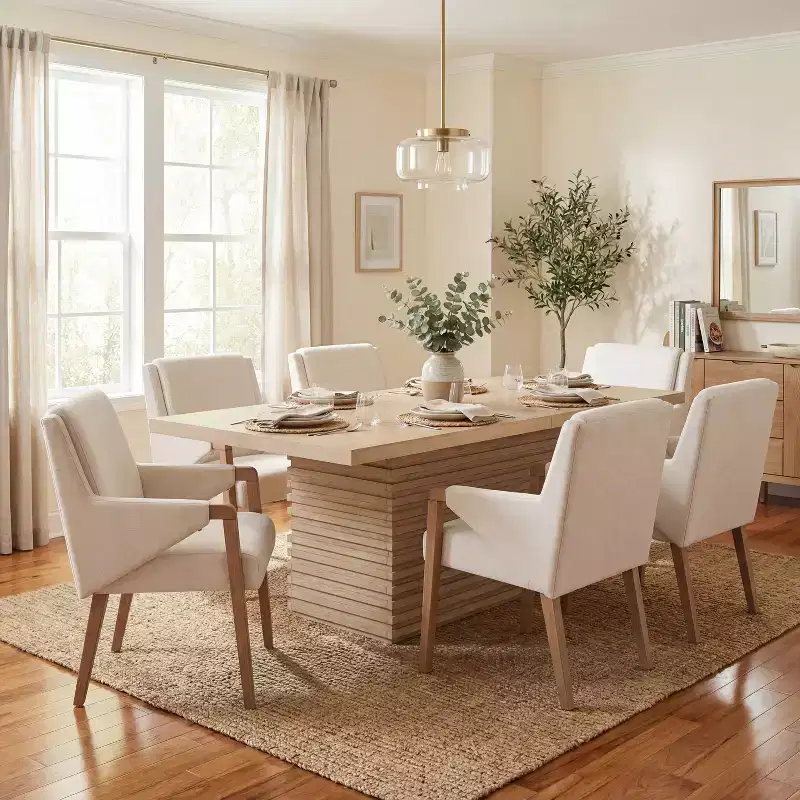 Christopher Knight Home Lindiwe Modern 7 Piece Rubberwood Linen Upholstered Dining Set with Rectangular Table