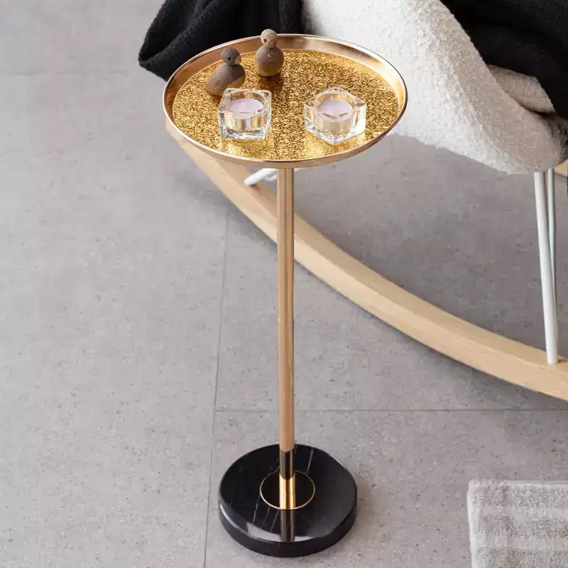 2P Gold Adjustable Marble Base Side Table, Natural Marble Pedestal Metal Tray Tea Martini Table for Display Storage