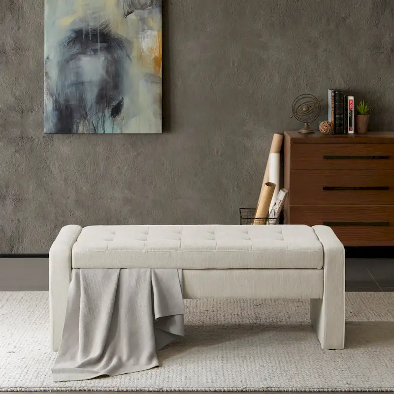 Cream Upholstered Soft Close Storage Bench, Linen Fabric Entryway Bedroom Ottoman with Hidden Storage