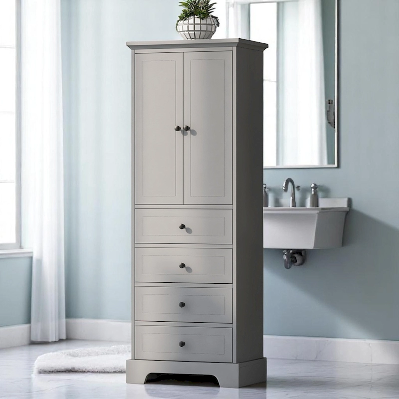 Freestanding White Bathroom Cabinet with 4 Drawers and 2 Doors, Adjustable Shelf, Waterproof MDF Storage Unit