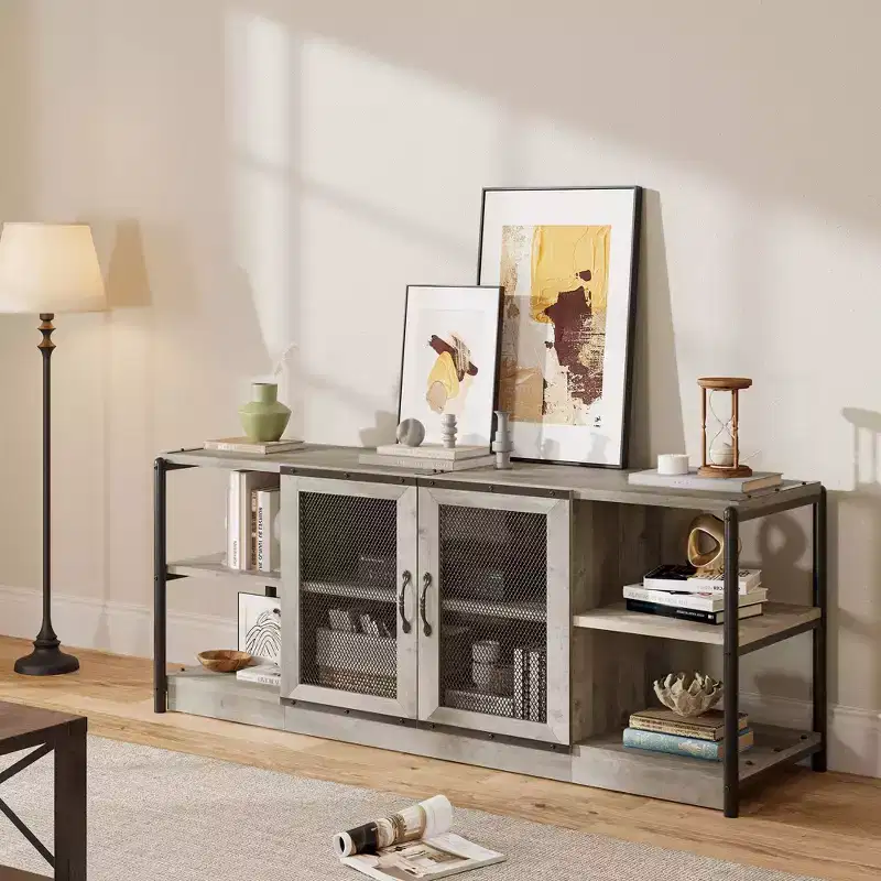 Farmhouse TV Stand for 65/75 Inch TVs, Entertainment Center With Storage Cabinet and Mesh Doors, Industrial Media Console Table for Living Room