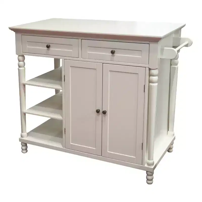 eHemco Wood Euro Kitchen Island with Storage Cabinet, 2 Drawers and 3 Open Shelves, White