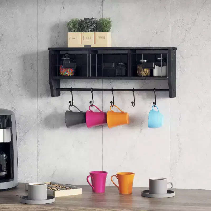 Rustic Country Wall Mounted Shelf with 5 Adjustable Sliding Hooks and Three Wire Storage Baskets