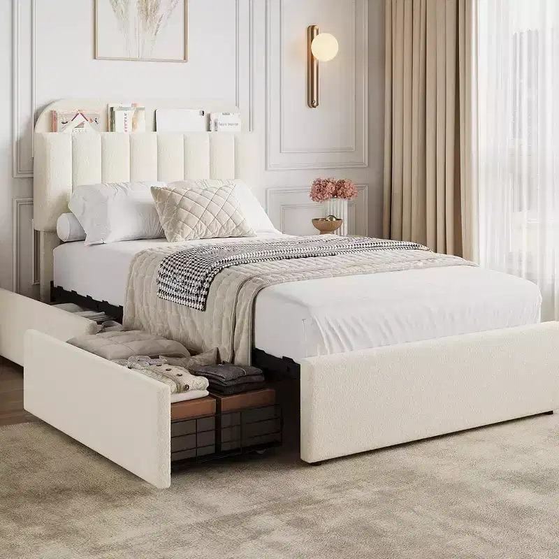 Coolmee Twin/Full/Queen Size Bed Frame with Storage Headboard, Girls Bed Frame with 2 Drawers, Boucle Upholstered Platform Bed with Bookcase