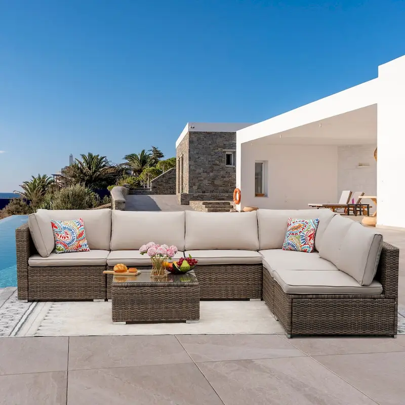 7 Pieces Outdoor Woven Rattan Sectional Sofa,Brown