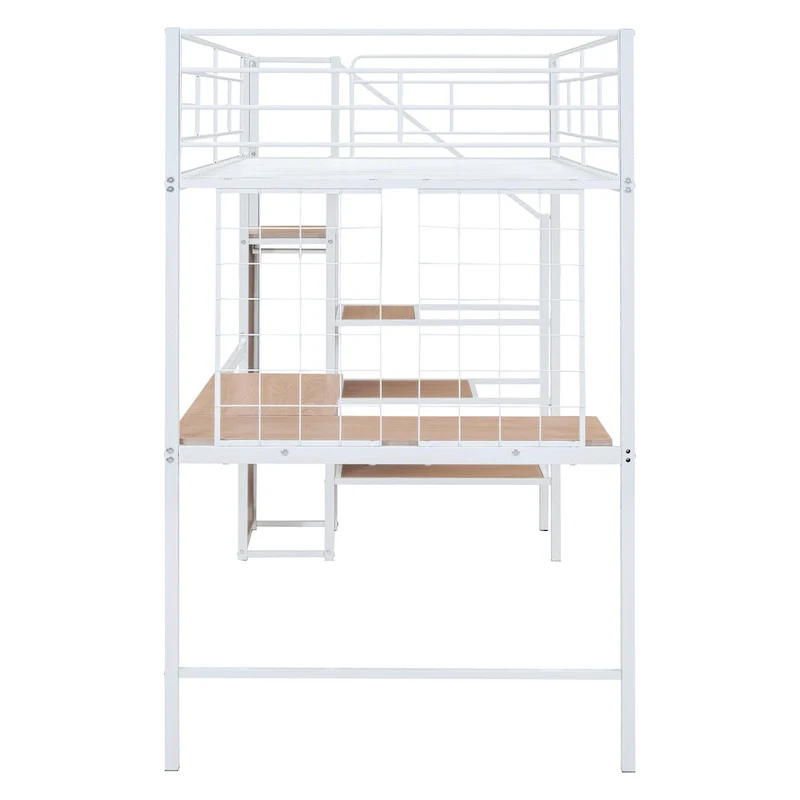 Twin Metal Loft Bed with L-Shaped Desk, 3-Tier Ladder Shelves & Wardrobe, White, 250 lbs
